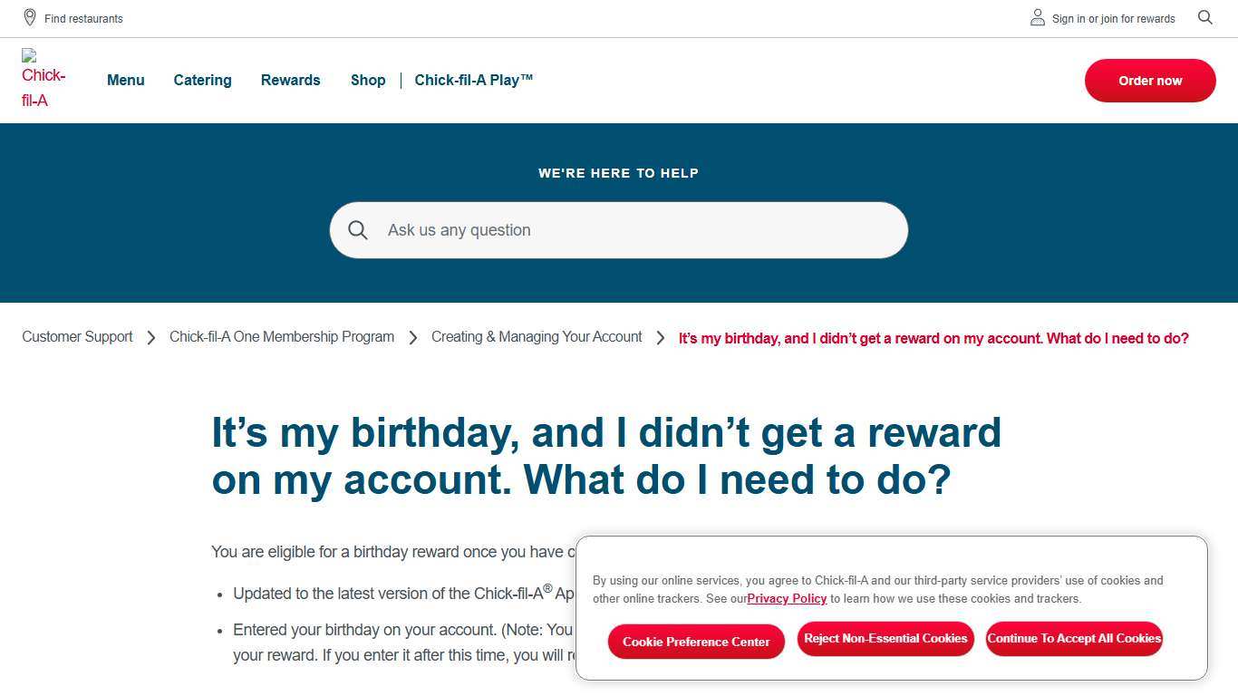 Birthday Reward Requirements on Chick-fil-A App Chick-fil-A